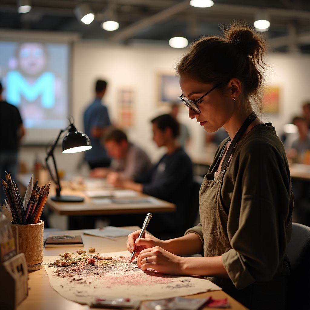 Artistas trabajando durante festival ambiente creativo profesional