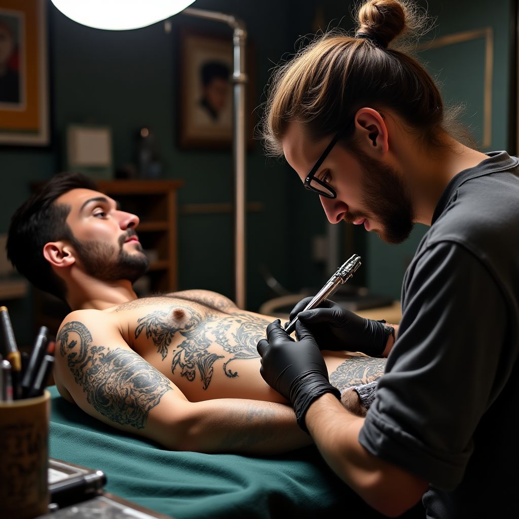Artistas de tatuajes trabajando